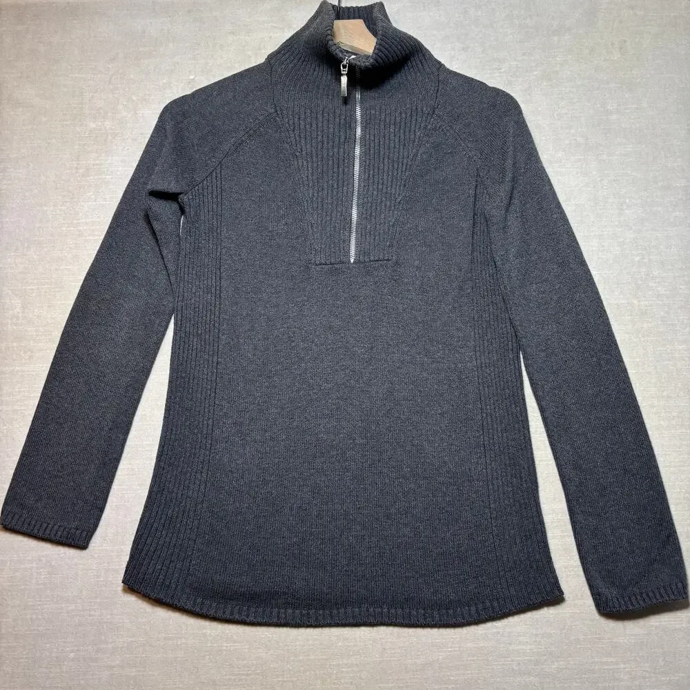 Eddie Bauer Women Sweater M Dark Gray Ribbed Quarter Zip Minimalist Quiet Luxury